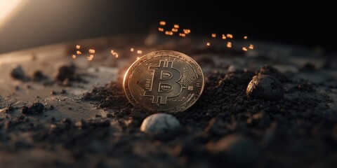 Bitcoin coin resting on rough surface with glowing sparks in dark environment