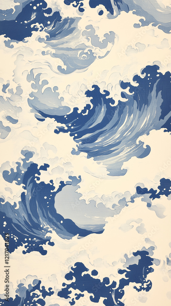 Poster ocean waves pattern: abstract art depicting dynamic ocean waves in shades of blue and white, creatin