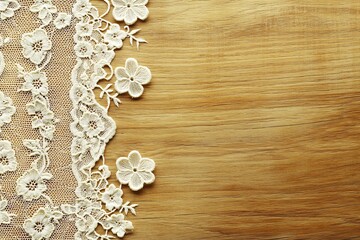 Delicate Lace Border on Wood Background