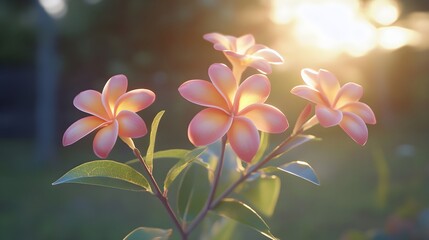 Vibrant Tropical Flowers with Leaves on Lush Green Background