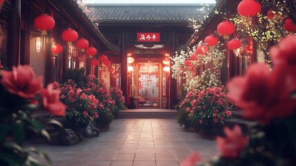 Courtyard entrance, Chinese architecture, red lanterns, blooming flowers, peaceful atmosphere, travel destination.
