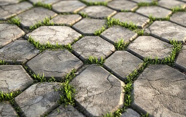 High-resolution photo of a gray hexagonal paver with grass growing between the cracks, top view. The background is clean and neutral to highlight the unique shape of the concrete pavers as they form