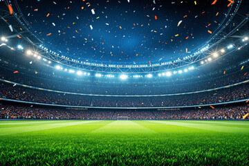 Illuminated football stadium with vibrant crowd and confetti falling under night sky.