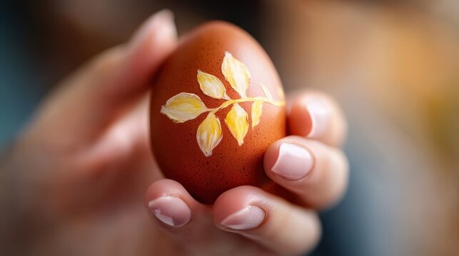 A beautifully designed egg held delicately, featuring intricate floral artwork, representing skillfulness in crafts and the importance of artistic expression during festive seasons.