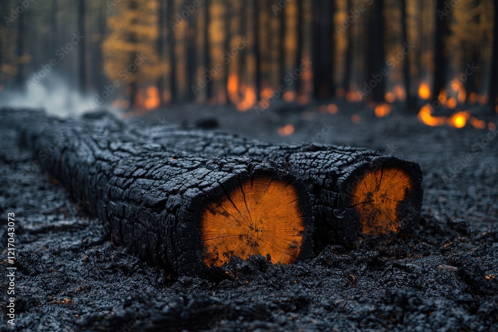 Poster a burned log lying in the middle of a dense forest, surrounded by trees and foliage