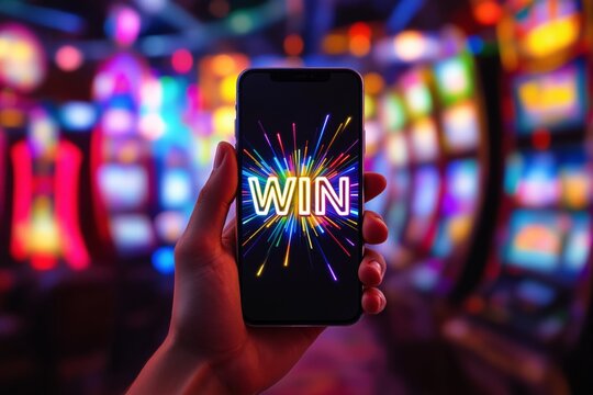 Smartphone displaying "WIN" text with colorful neon lights in a casino setting.