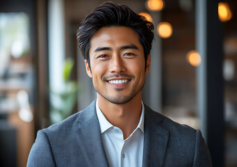 Fototapeta premium Confident Professional Asian Businessman Portrait in Office Setting with Warm Lighting and Friendly Expression