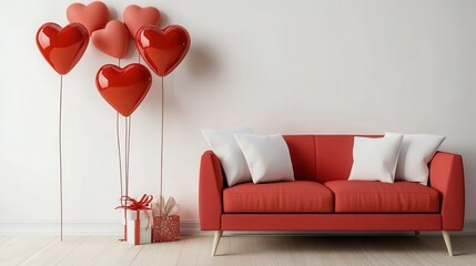 A stylish red couch is adorned with colorful heart balloons and a gift box, evoking feelings of love and joy, ideal for celebrations and special occasions.
