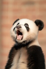 Obraz premium A wide-eyed panda with a surprised expression is isolated on a vibrant pink background, creating a playful and eye-catching image.