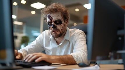 Obraz premium A man with a zombie makeup sitting at his desk, fully focused on his computer, capturing the essence of a spooky office environment during Halloween festivities.