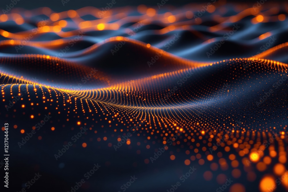 Poster Abstract glowing orange dots forming flowing wave patterns on a dark background.
