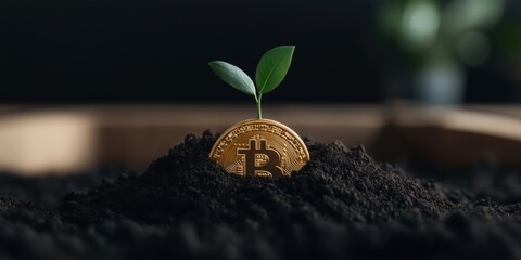 Innovative growth of cryptocurrency symbolized by a sprouting plant emerging from soil and a coin in an indoor setting