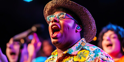 Close-up Portrait of a Male Singer Wearing a Straw Hat and Floral Shirt