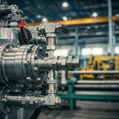 Fototapeta premium Hyper-realistic industrial machinery with brass fittings and hydraulic hoses in a factory. Left space for text, perfect for automation, engineering, or manufacturing projects.
