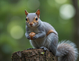 A gray squirrel perched on a tree trunk, wide-eyed with a nut in its paws, blurred forest background.