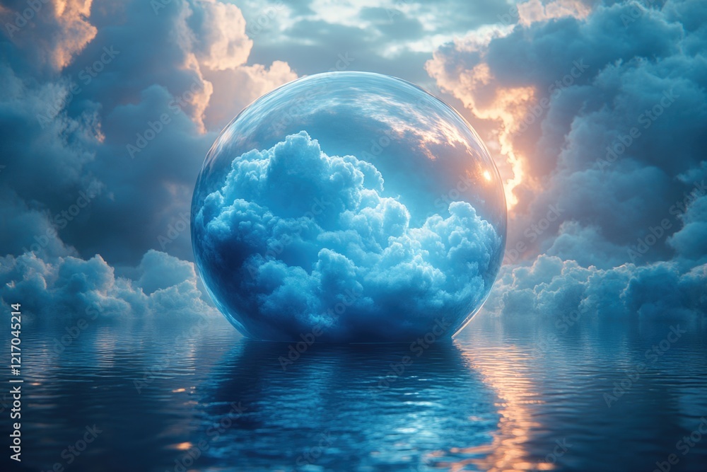 Poster a large glass ball floats on the surface of calm water, perfect for use in scenes where simplicity a