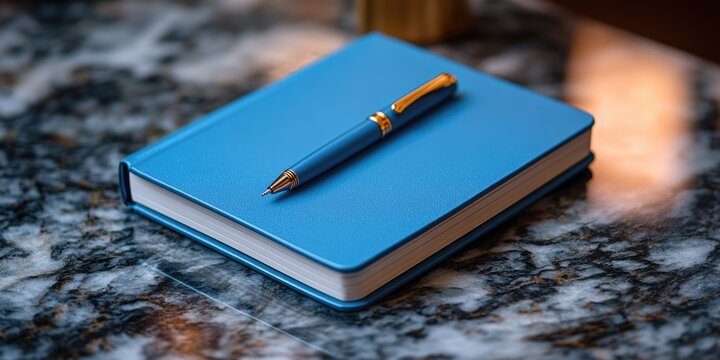 A blue notebook with a pen on top, ideal for writing and note-taking