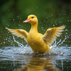A yellow duck flapping its wings in a small pond, water splashing everywhere, with a blurred green background.