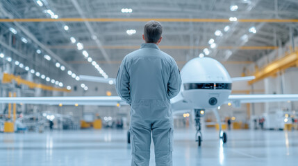 Engineer Inspecting an Unmanned Aerial Vehicle (UAV) in a Hangar