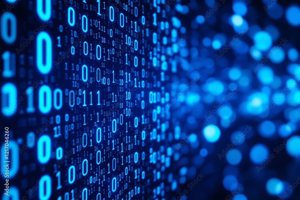 Poster Abstract digital binary code background in blue tones with blurred bokeh effect.