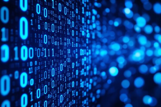 Abstract digital binary code background in blue tones with blurred bokeh effect.