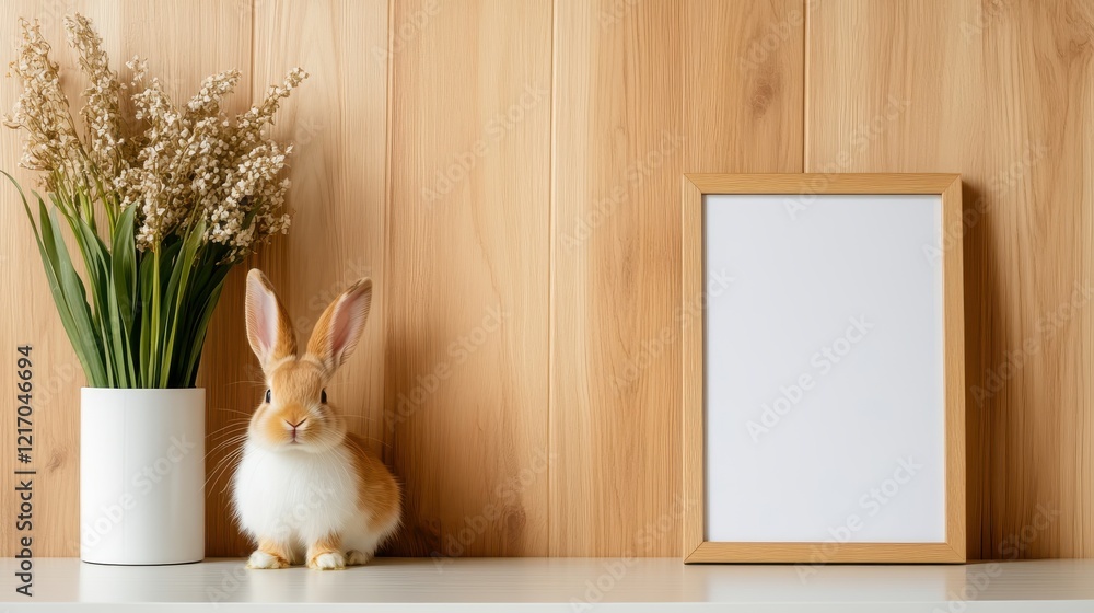 Aufkleber this charming image features an adorable rabbit sitting next to a stylish vase and an empty frame ag