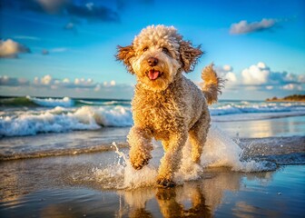 Panoramic View of a Happy Spanish Water Dog Playing on the Beach