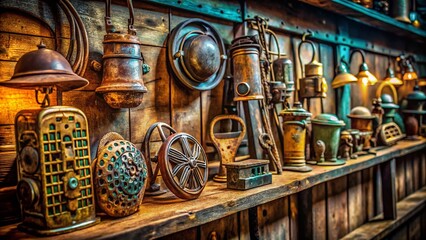 Panoramic View of Antique Metal Detectors on Dusty Shelf, Vintage Treasure Hunting Equipment