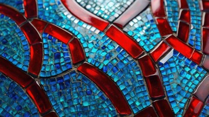 Captivating Mosaic of Vibrant Red, Blue, and Aqua Glass Tiles Creating a Stunning Visual Display of Color Harmony