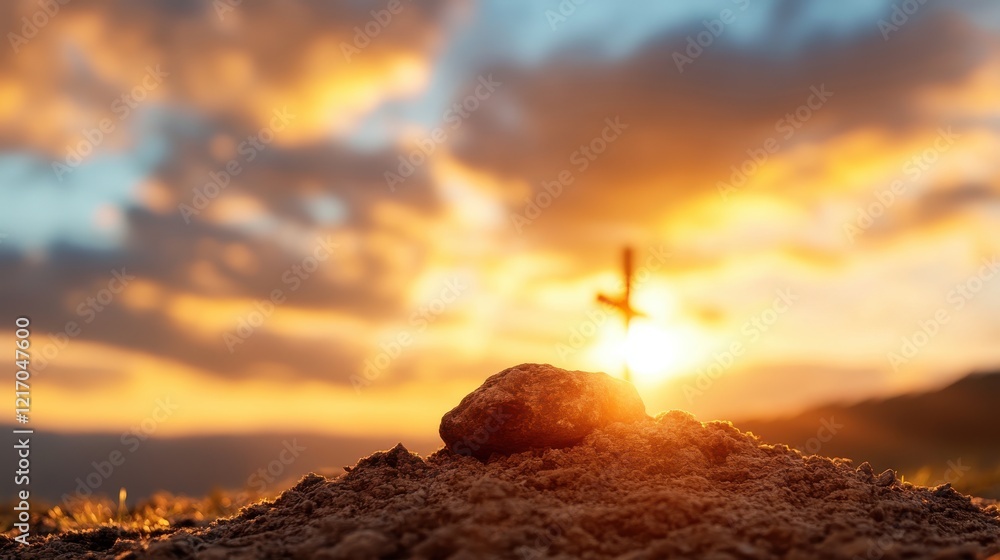Poster a cross is subtly featured in the background of a vibrant sunset, creating a serene atmosphere that 