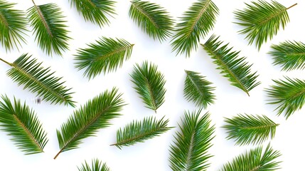 Scattered Green Palm Leaves on a White Background in High Resolution