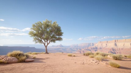 A solitary tree stands on the edge of the Grand Canyon, under a clear blue sky, capturing the vast and serene beauty of the natural landscape.
