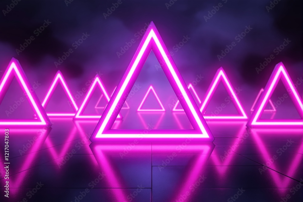 Poster neon pink glowing triangular structures on reflective surface.