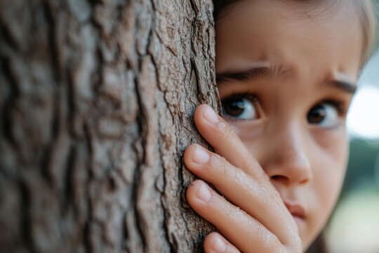 A young child looks scared while hiding behind a tree, showcasing vulnerability and innocence in a serene outdoor environment, evoking empathy and curiosity.