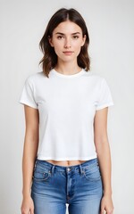 a woman wearing a white t - shirt and jeans