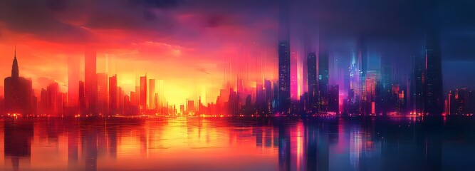 Fototapeta premium A vibrant city skyline at sunset, with glowing lights reflecting off the water