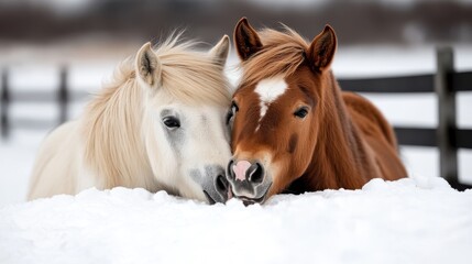 Fototapeta premium A heartwarming image of two horses snuggling closely together in a snowy landscape, capturing the essence of companionship and warmth in a cold environment.