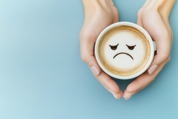 A person holding a cup of coffee with a sad face drawn on it