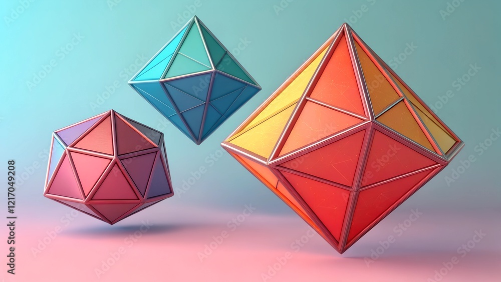 Poster this image showcases three distinct, geometric 3d shapes rendered in a low-poly style.