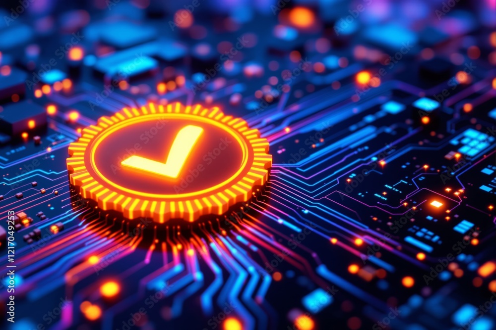 Poster bright glowing checkmark on futuristic circuit background.