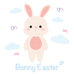 Cute Easter rabbit illustration collection. Pastel cartoon characters of happy bunny with bright blue cloud for Easter decoration or children.
