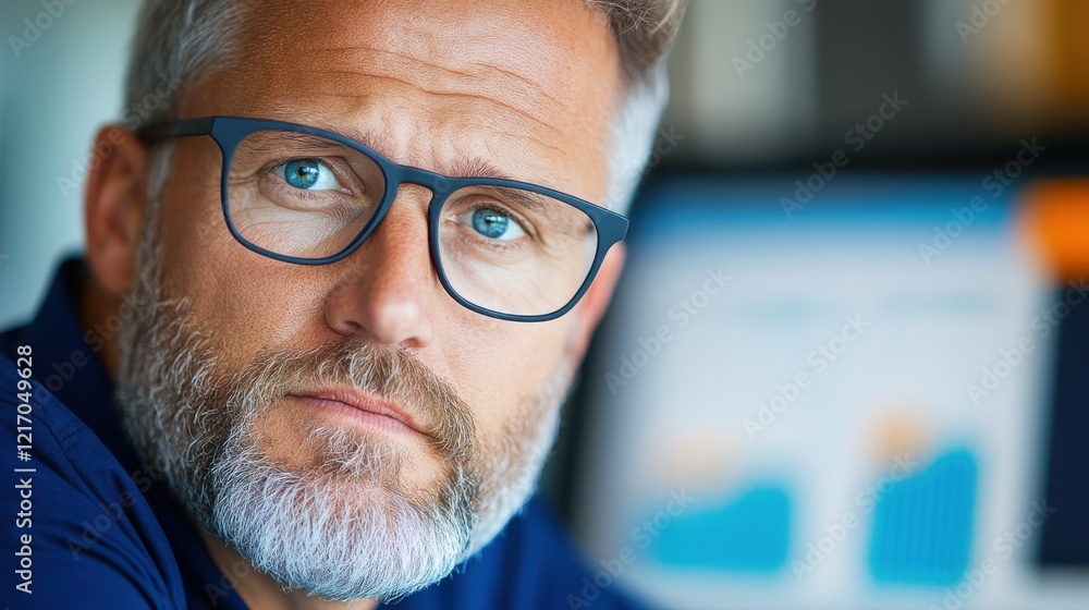 Poster a close-up of a thoughtful man analyzing business charts and data on a computer, showcasing the impo