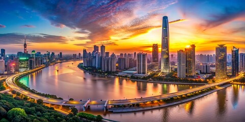 Fototapeta premium Panoramic Zhujiang New Town Skyline: Modern Guangzhou Cityscape at Sunset