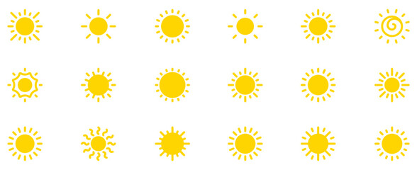 Obraz premium Sun icon set. Solar icons isolated on white background. Sunrise, sunset or sun shine sign collection. Vector illustration. EPS 10