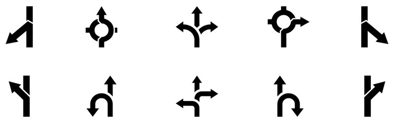 Choice between three roads icon set. Three-way directional arrow. Way, road, direction, branching, arrows , Icon for design. Easily editable, pathway, opportunity, logo, split, choose, three concept.