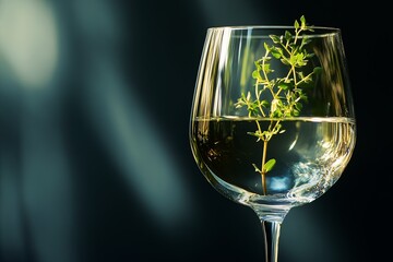 Obraz premium A single crystal wine glass with a sprig of fresh herbs styled inside. picture