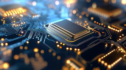 Intricate Microchip Circuitry Glowing with Vibrant Technological Brilliance