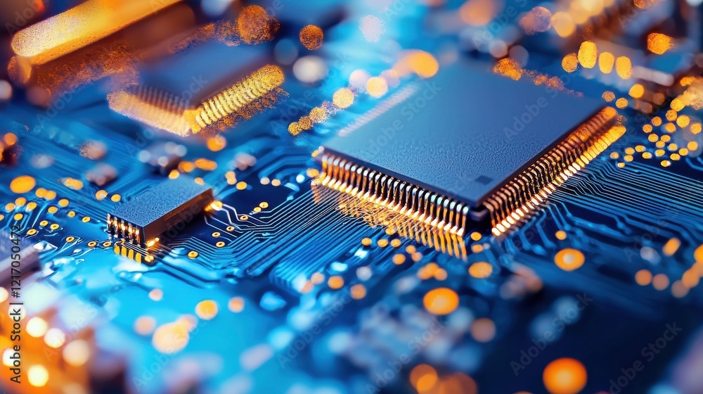 Poster futuristic blue circuit microchip technology computer electronics board