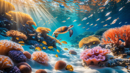 Breathtaking Underwater Scene with Turtles, Coral Reefs, and Vibrant Marine Life

