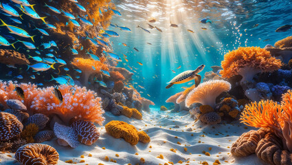 Breathtaking Underwater Scene with Turtles, Coral Reefs, and Vibrant Marine Life

